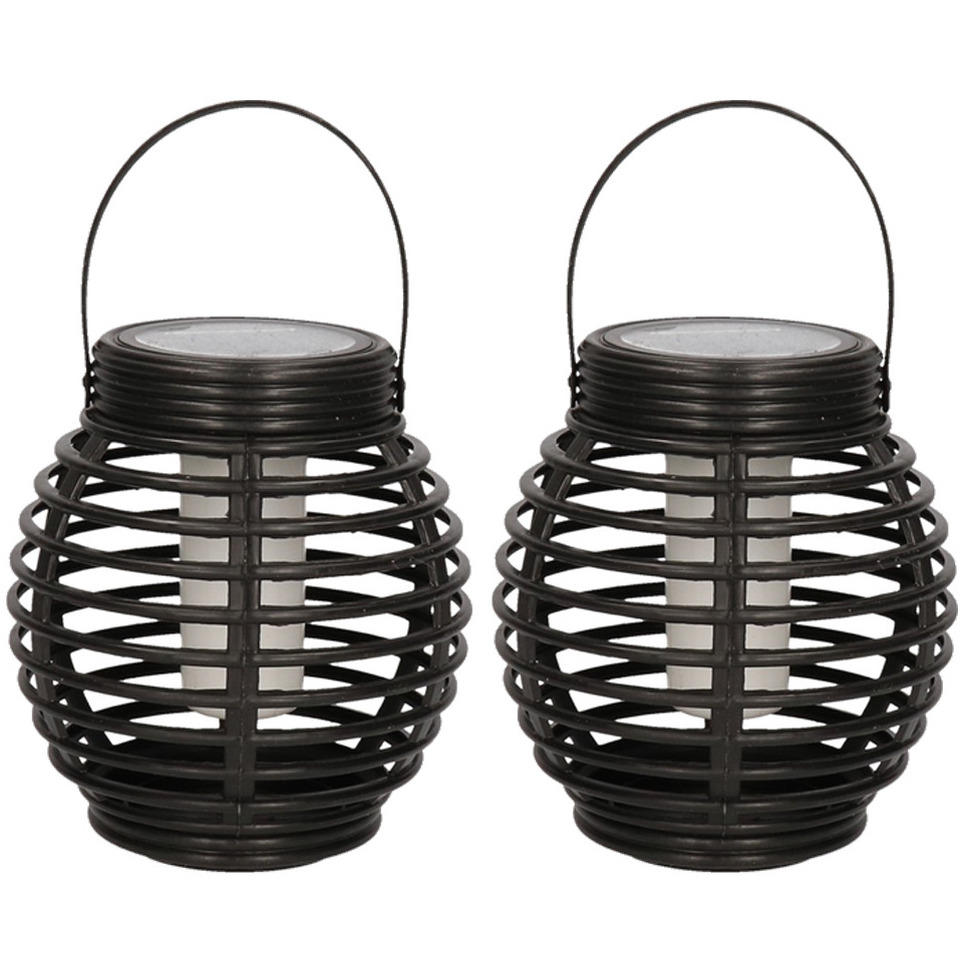 Set van 2x zwarte solar lantaarns met vlam effect 15 cm -
