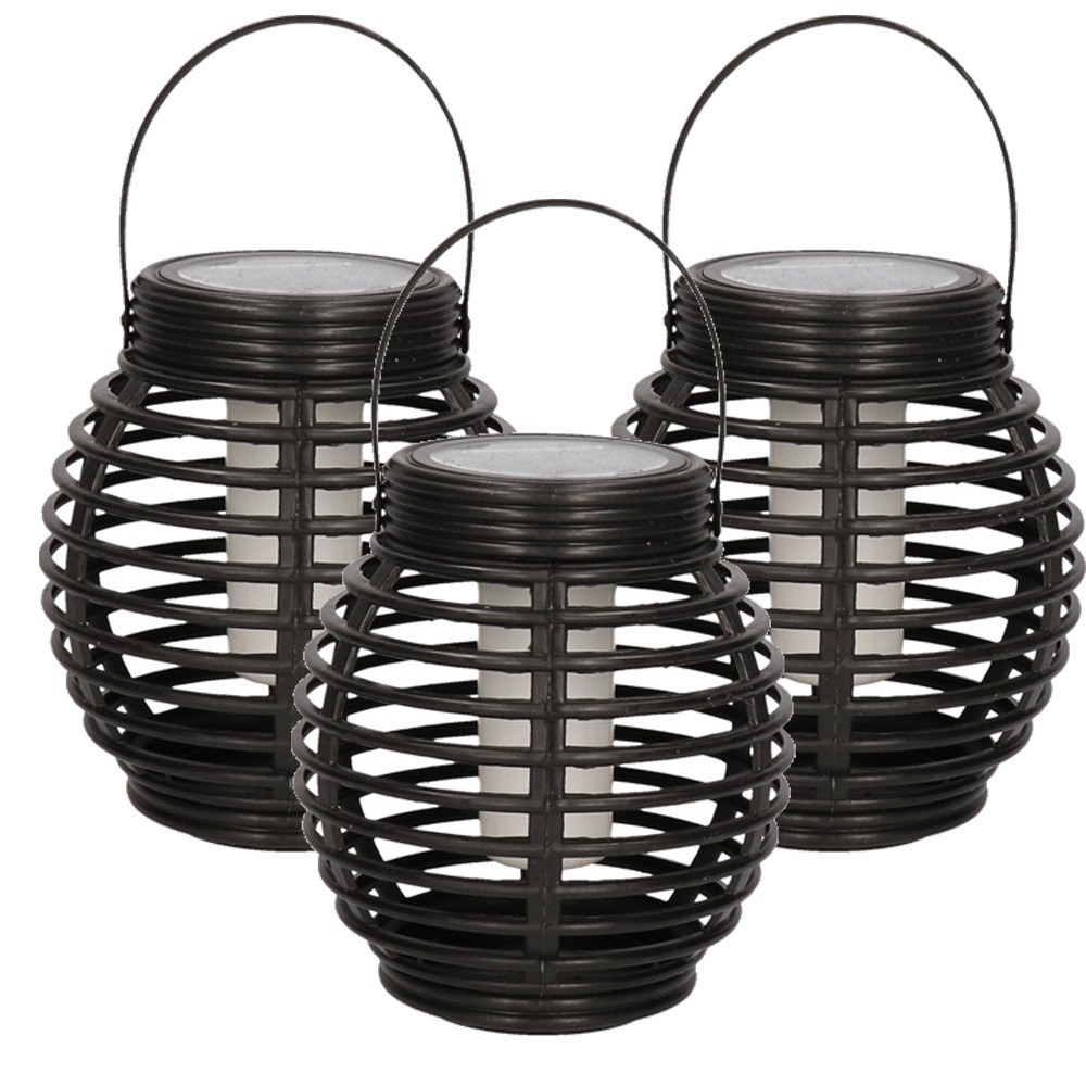 Set van 3x zwarte solar lantaarns met vlam effect 15 cm -