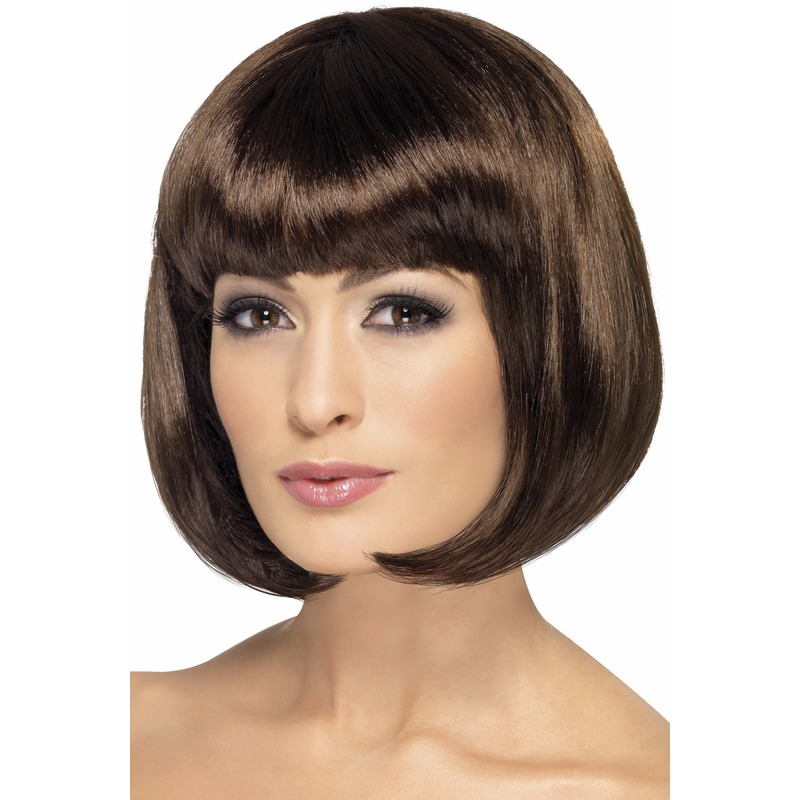 Verkleed damespruik Bob-line kapsel - Bruin - met pony - Carnaval pruiken -